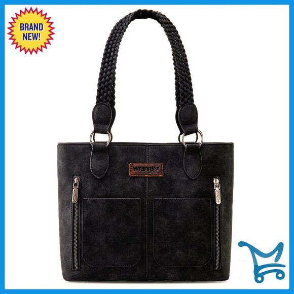 Handbags - Distressed Tote Bag with Multiple Pockets, Wide Braided Straps